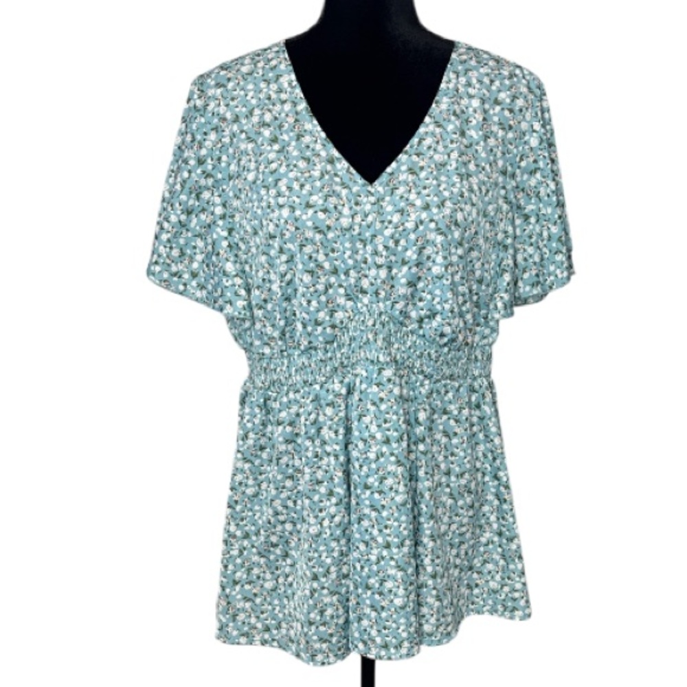 Fun July - Aqua & White Ditsy Floral V-Neck Blouse - Size 2X